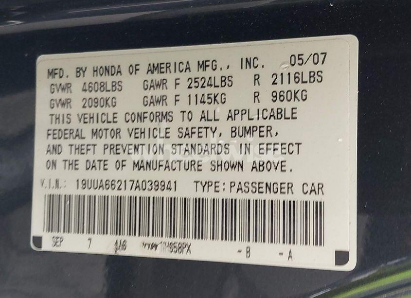 Photo 9 of 2007 Acura Tl 3.2 (VIN 19UUA66217A039941)