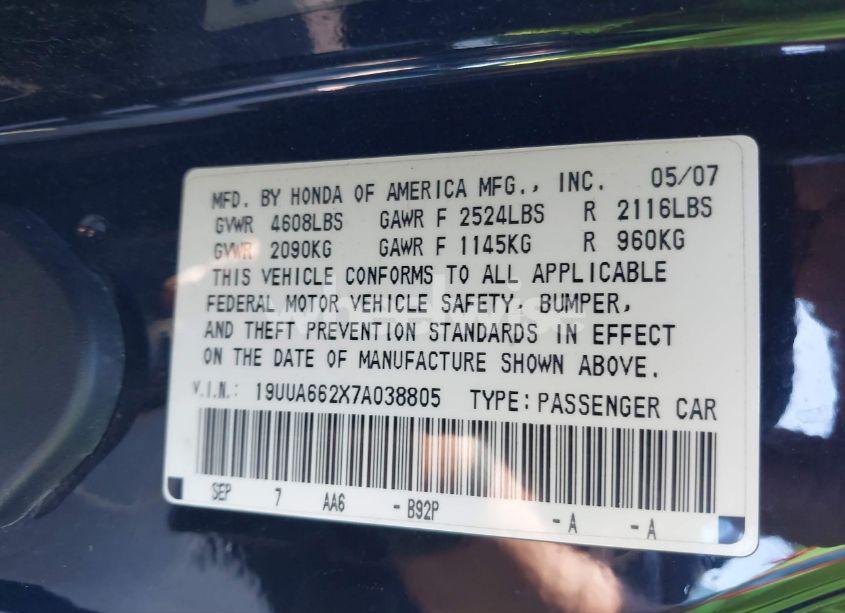 Photo 9 of 2007 Acura Tl 3.2 (VIN 19UUA662X7A038805)