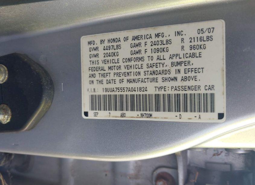 Photo 9 of 2007 Acura Tl TYPE S (VIN 19UUA75557A041824)