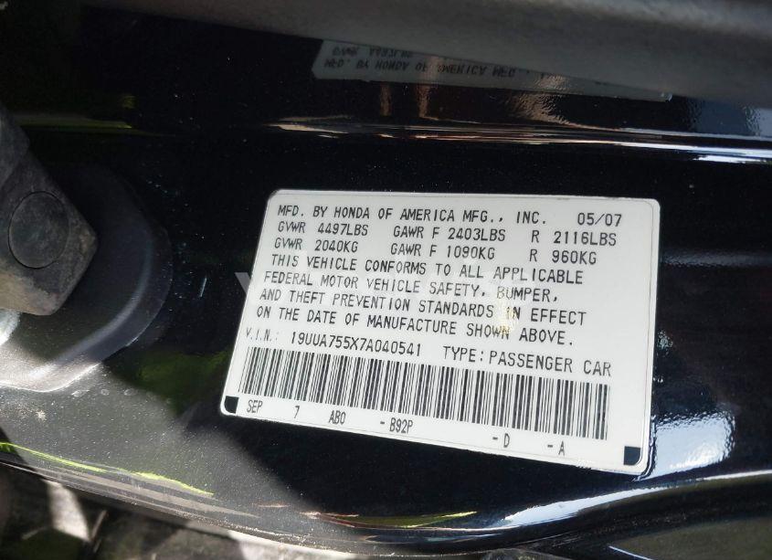 Photo 9 of 2007 Acura Tl TYPE S (VIN 19UUA755X7A040541)