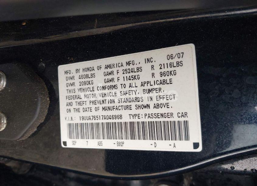 Photo 9 of 2007 Acura Tl TYPE S (VIN 19UUA76517A046968)