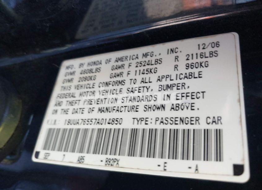 Photo 9 of 2007 Acura Tl TYPE S (VIN 19UUA76557A014850)