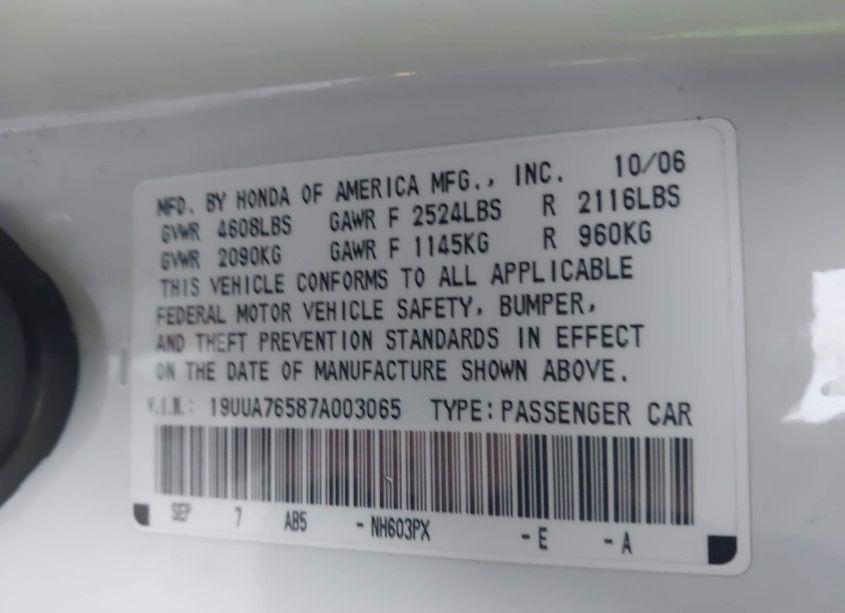 Photo 9 of 2007 Acura Tl TYPE S (VIN 19UUA76587A003065)