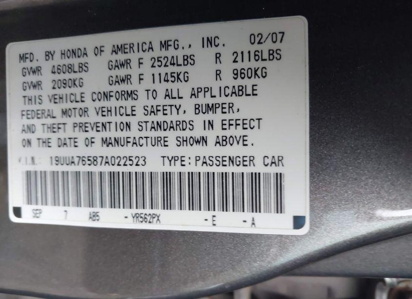 Photo 9 of 2007 Acura Tl TYPE S (VIN 19UUA76587A022523)