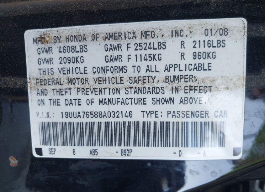 Photo 9 of 2008 Acura Tl TYPE S (VIN 19UUA76588A032146)
