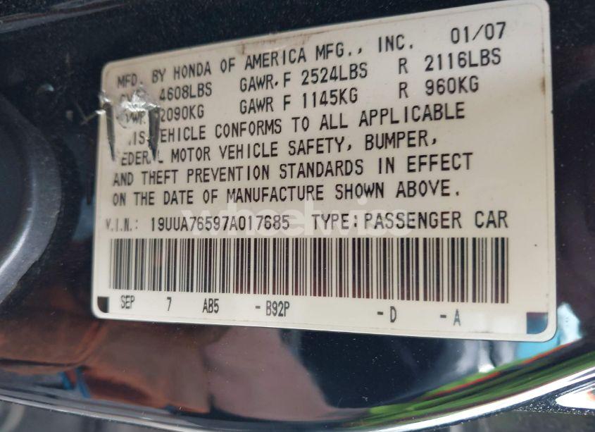 Photo 9 of 2007 Acura Tl TYPE S (VIN 19UUA76597A017685)