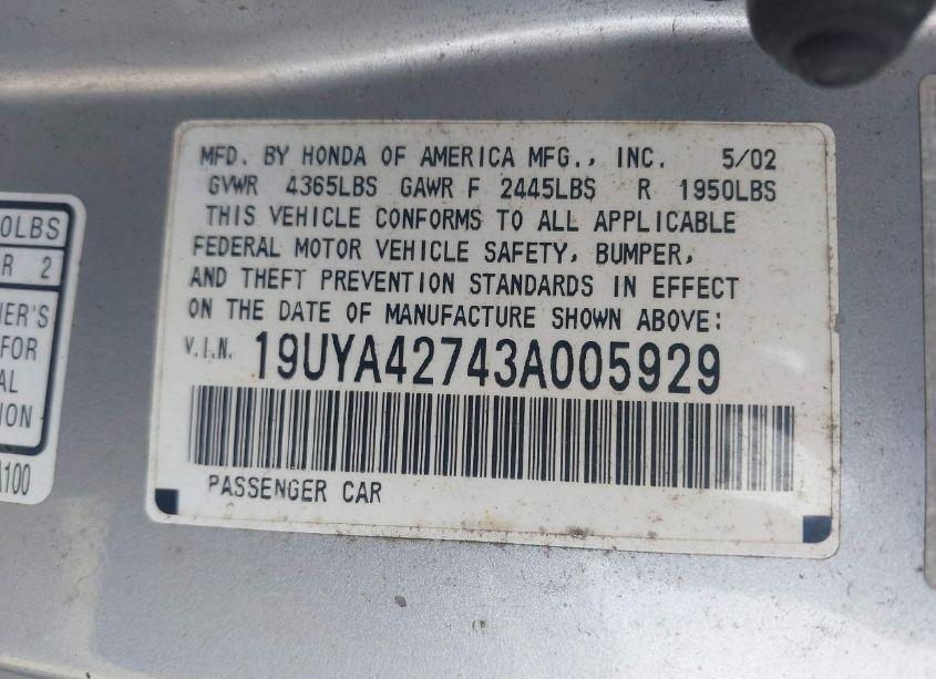 Photo 9 of 2003 Acura Cl 3.2 TYPE S (VIN 19UYA42743A005929)