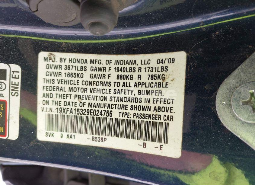 Photo 9 of 2009 Honda Civic VP (VIN 19XFA15329E024756)