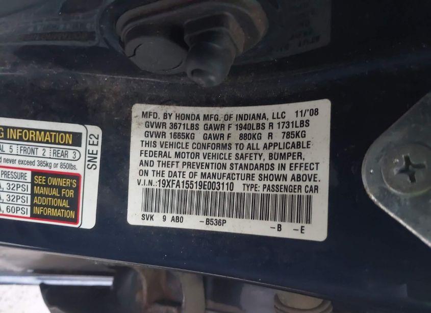 Photo 9 of 2009 Honda Civic LX (VIN 19XFA15519E003110)