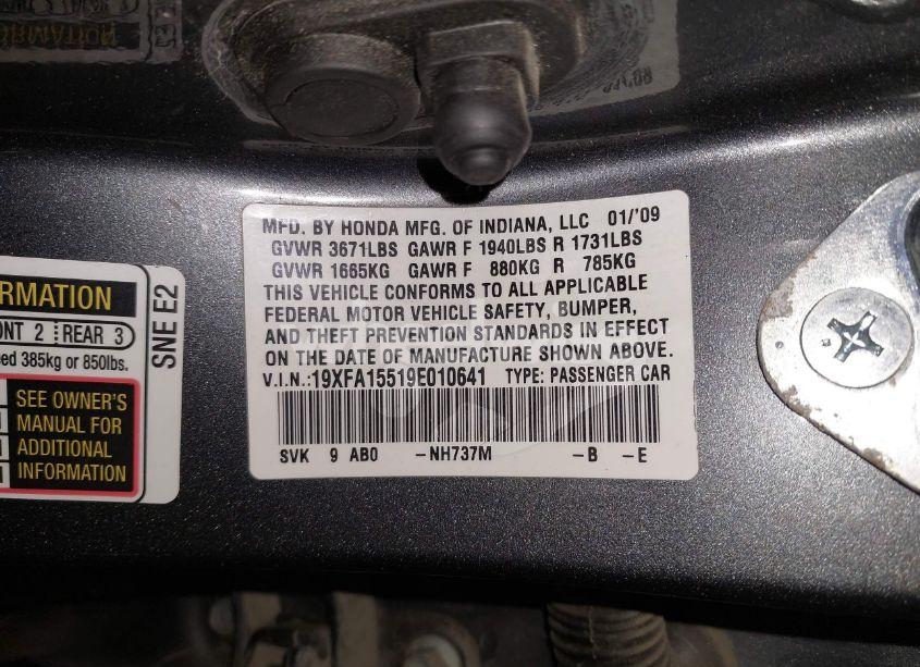 Photo 9 of 2009 Honda Civic LX (VIN 19XFA15519E010641)
