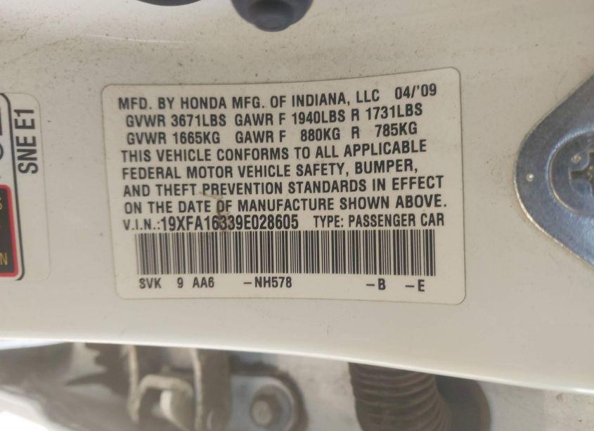 Photo 9 of 2009 Honda Civic VP (VIN 19XFA16339E028605)