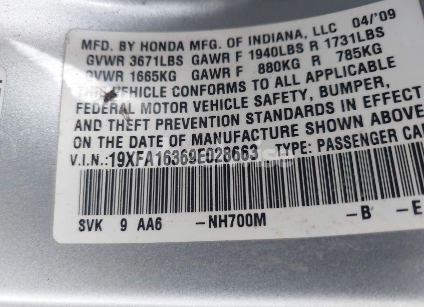 Photo 9 of 2009 Honda Civic VP (VIN 19XFA16369E028663)