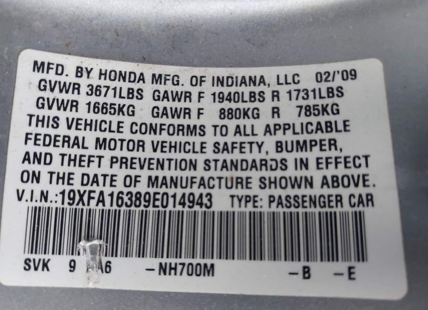 Photo 9 of 2009 Honda Civic VP (VIN 19XFA16389E014943)