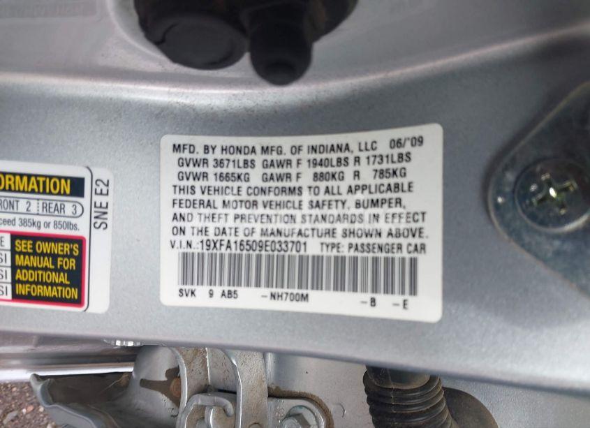 Photo 9 of 2009 Honda Civic LX (VIN 19XFA16509E033701)