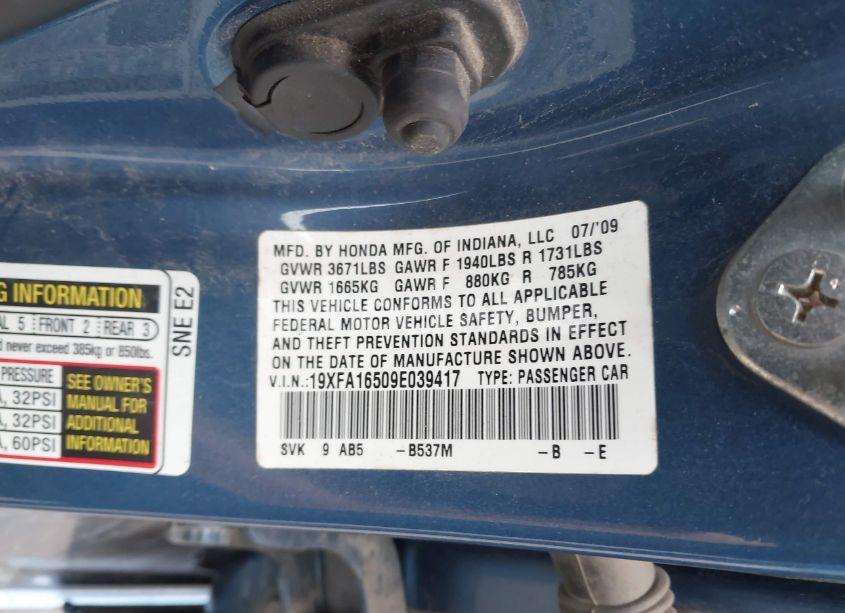 Photo 9 of 2009 Honda Civic LX (VIN 19XFA16509E039417)