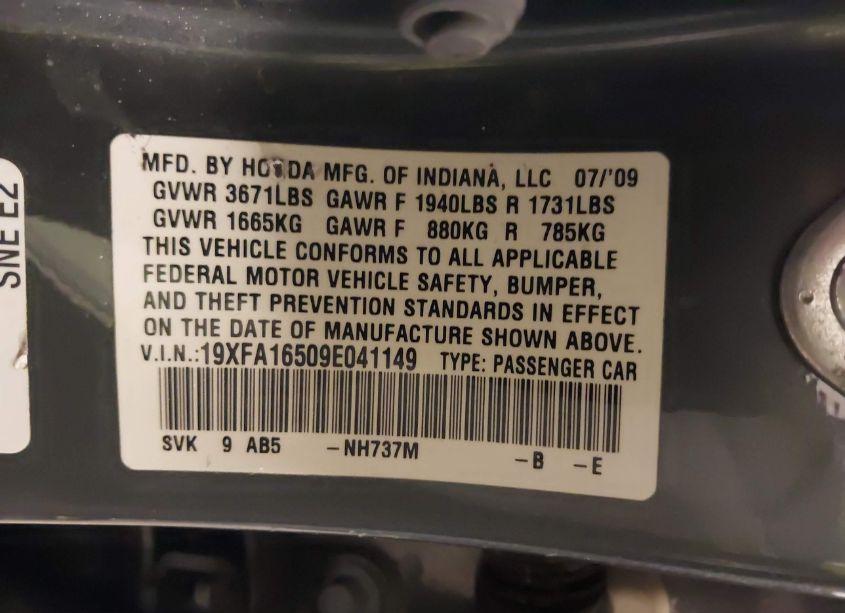 Photo 9 of 2009 Honda Civic LX (VIN 19XFA16509E041149)