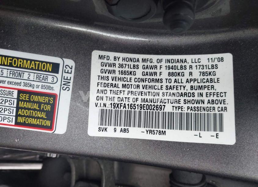 Photo 9 of 2009 Honda Civic LX (VIN 19XFA16519E002697)