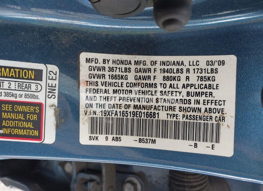 Photo 9 of 2009 Honda Civic LX (VIN 19XFA16519E016681)