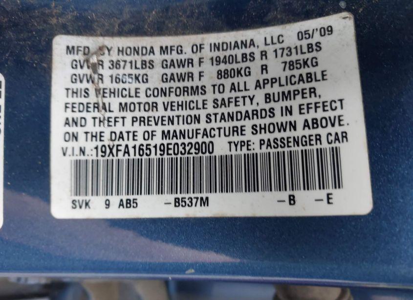 Photo 9 of 2009 Honda Civic LX (VIN 19XFA16519E032900)