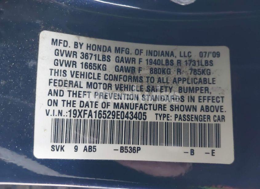 Photo 9 of 2009 Honda Civic LX (VIN 19XFA16529E043405)