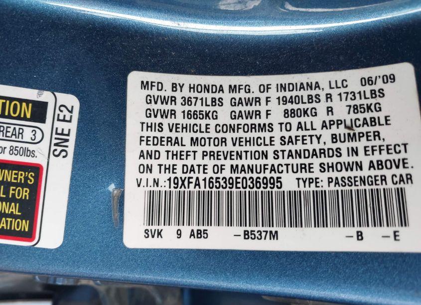 Photo 9 of 2009 Honda Civic LX (VIN 19XFA16539E036995)