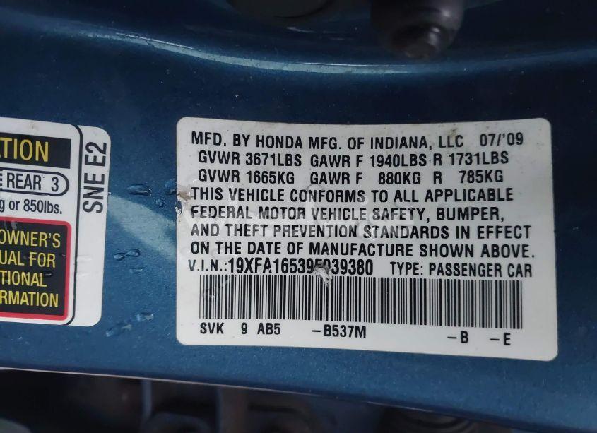 Photo 9 of 2009 Honda Civic LX (VIN 19XFA16539E039380)