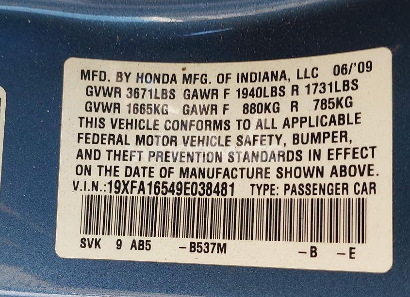 Photo 9 of 2009 Honda Civic LX (VIN 19XFA16549E038481)