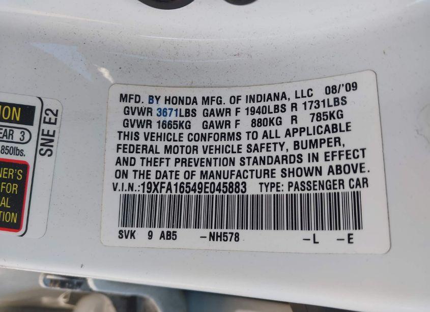 Photo 9 of 2009 Honda Civic LX (VIN 19XFA16549E045883)