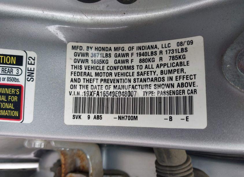 Photo 9 of 2009 Honda Civic LX (VIN 19XFA16549E048007)