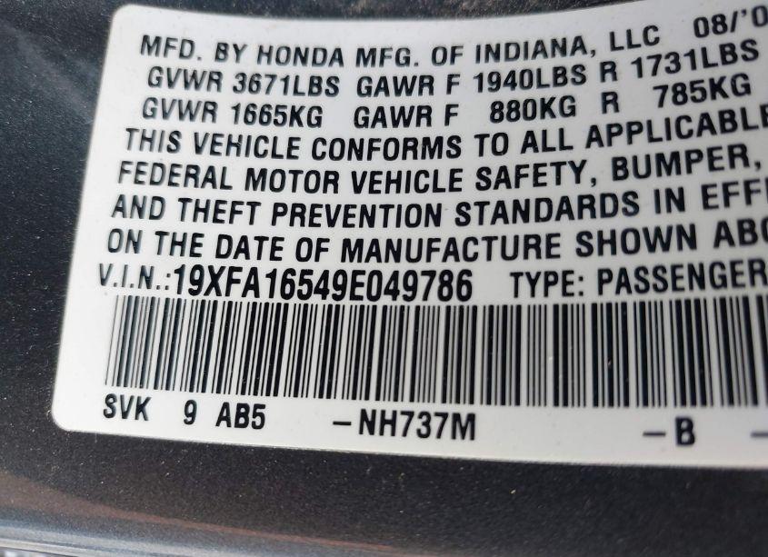 Photo 9 of 2009 Honda Civic LX (VIN 19XFA16549E049786)