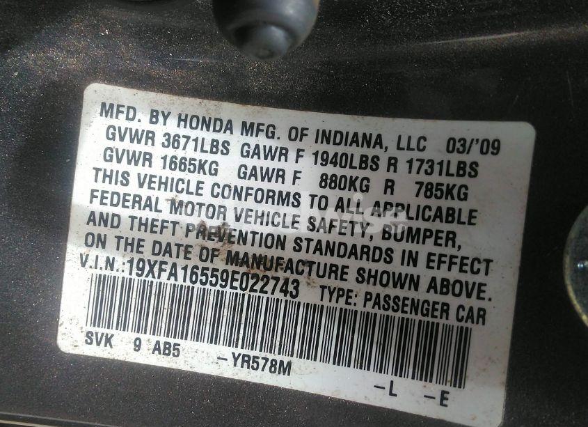 Photo 9 of 2009 Honda Civic LX (VIN 19XFA16559E022743)