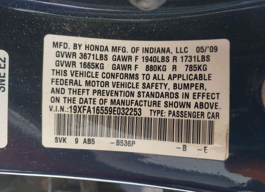 Photo 9 of 2009 Honda Civic LX (VIN 19XFA16559E032253)