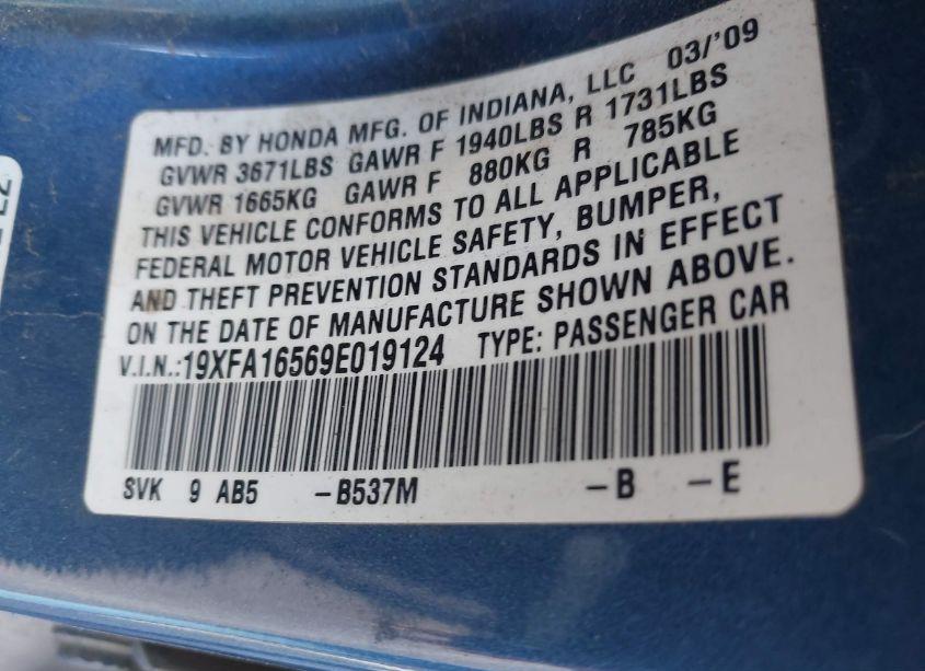 Photo 9 of 2009 Honda Civic LX (VIN 19XFA16569E019124)