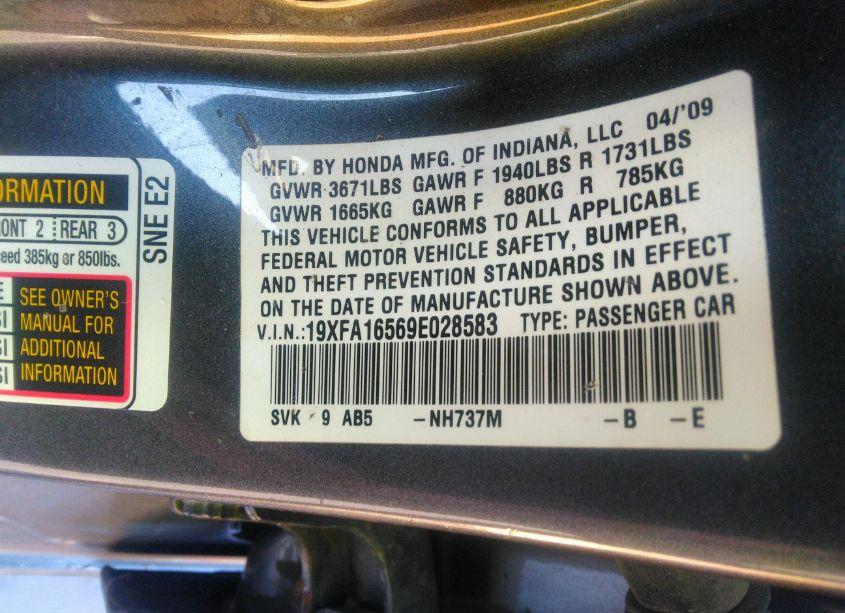 Photo 9 of 2009 Honda Civic LX (VIN 19XFA16569E028583)