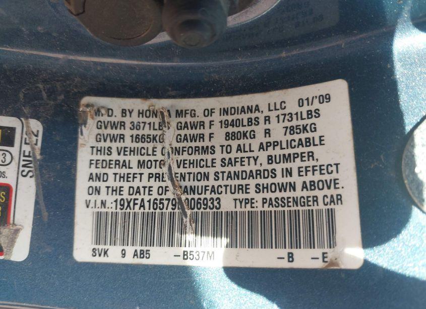 Photo 9 of 2009 Honda Civic LX (VIN 19XFA16579E006933)