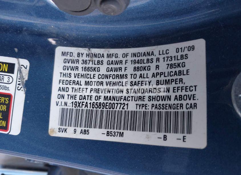 Photo 9 of 2009 Honda Civic LX (VIN 19XFA16589E007721)