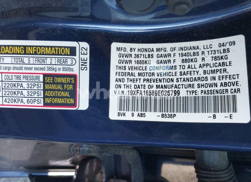 Photo 9 of 2009 Honda Civic LX (VIN 19XFA16589E026799)