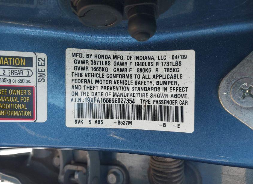 Photo 9 of 2009 Honda Civic LX (VIN 19XFA16589E027354)