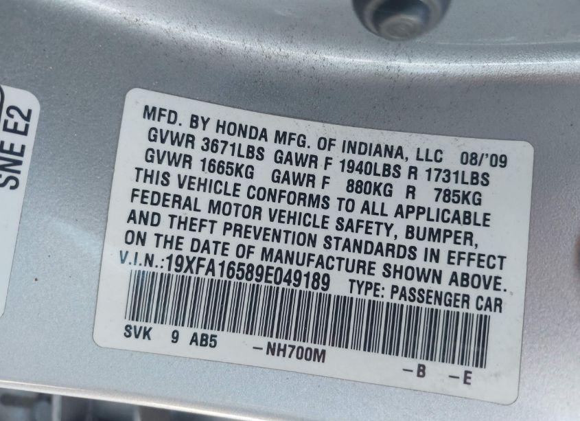 Photo 9 of 2009 Honda Civic LX (VIN 19XFA16589E049189)