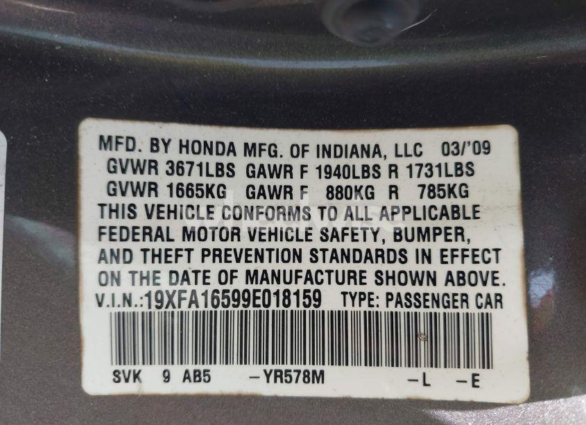 Photo 9 of 2009 Honda Civic LX (VIN 19XFA16599E018159)