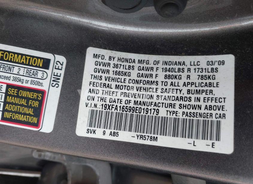 Photo 9 of 2009 Honda Civic LX (VIN 19XFA16599E019179)
