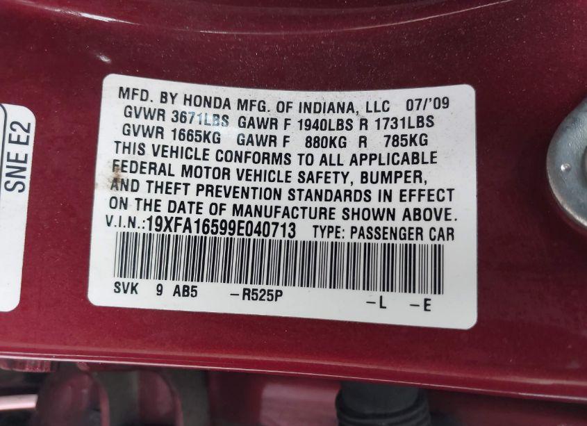 Photo 9 of 2009 Honda Civic LX (VIN 19XFA16599E040713)