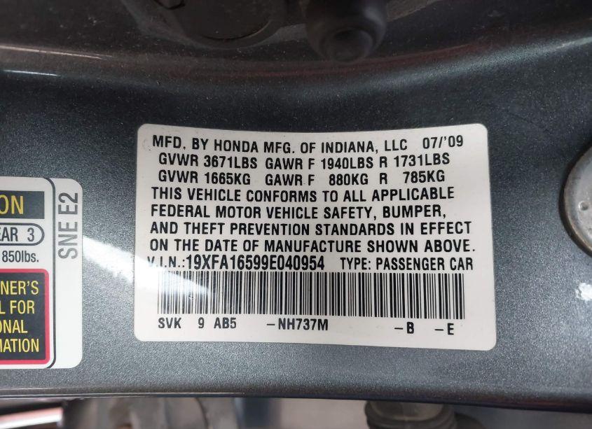 Photo 9 of 2009 Honda Civic LX (VIN 19XFA16599E040954)