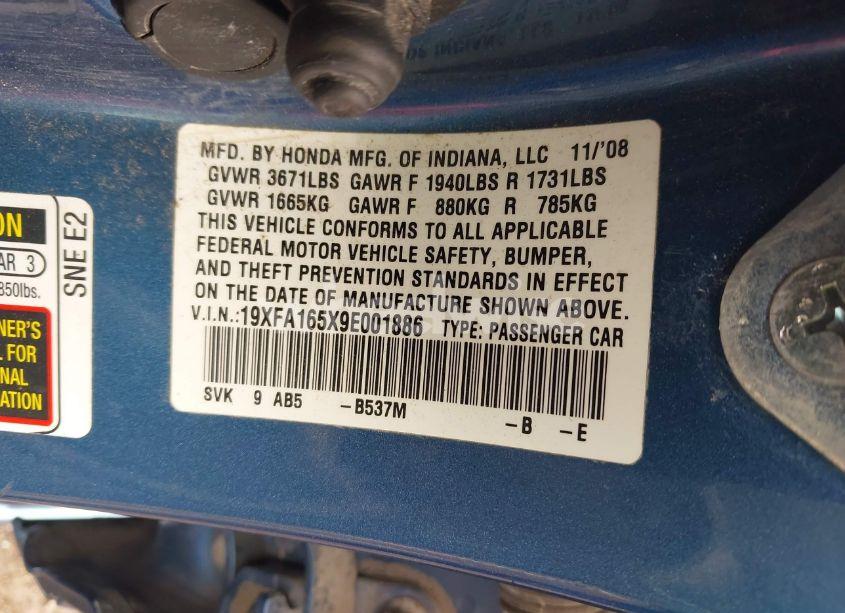 Photo 9 of 2009 Honda Civic LX (VIN 19XFA165X9E001886)
