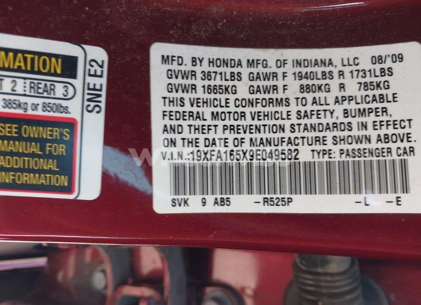 Photo 9 of 2009 Honda Civic LX (VIN 19XFA165X9E049582)