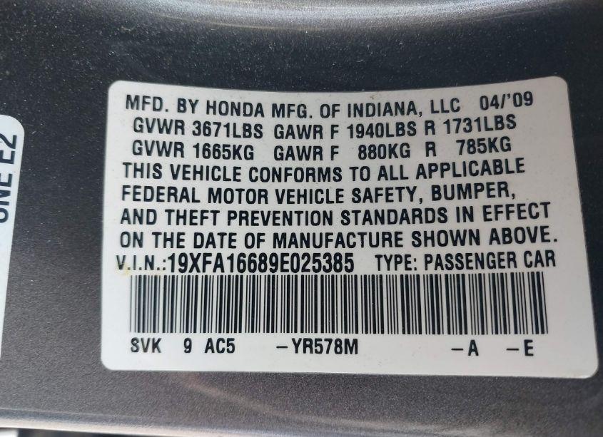 Photo 9 of 2009 Honda Civic LX-S (VIN 19XFA16689E025385)