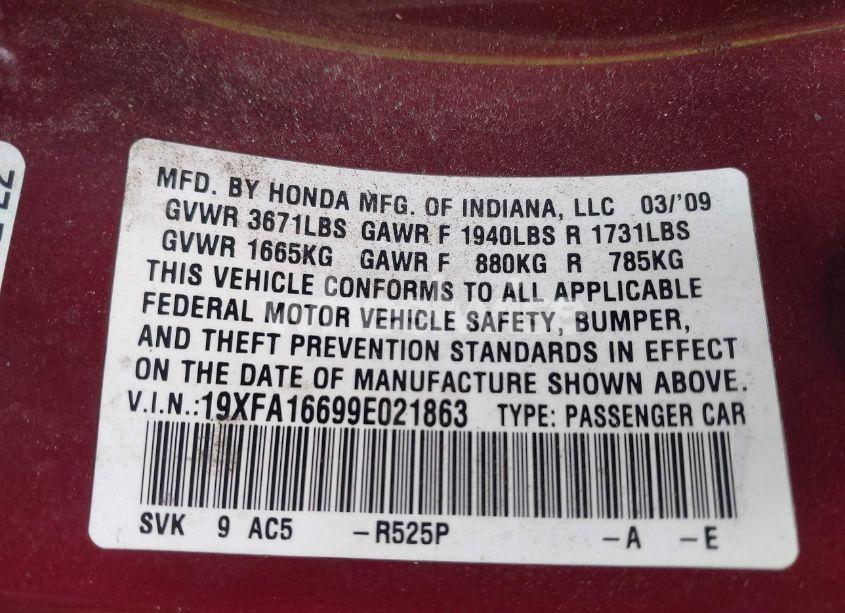 Photo 9 of 2009 Honda Civic LX-S (VIN 19XFA16699E021863)