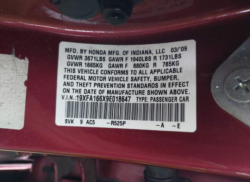 Photo 9 of 2009 Honda Civic LX-S (VIN 19XFA166X9E018647)