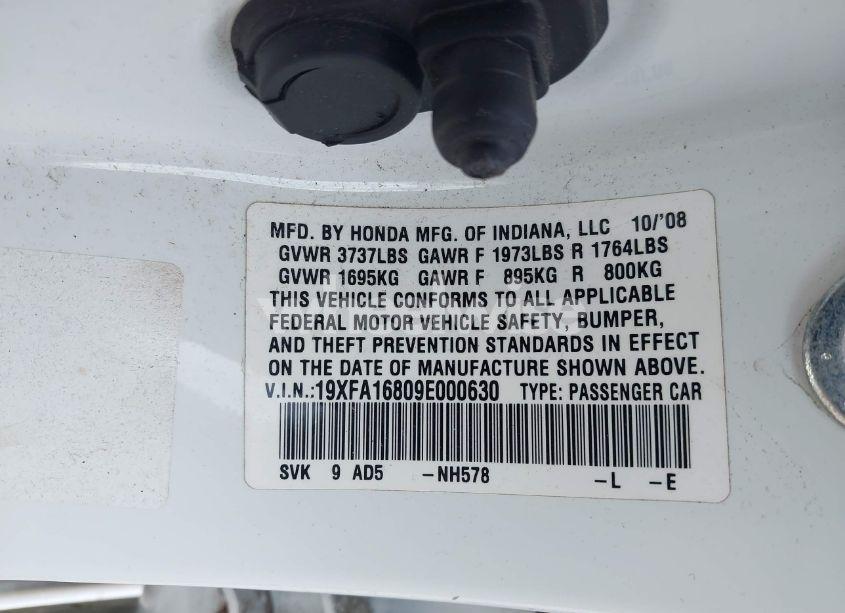 Photo 9 of 2009 Honda Civic EX (VIN 19XFA16809E000630)