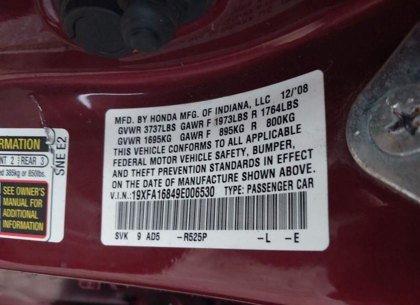 Photo 9 of 2009 Honda Civic EX (VIN 19XFA16849E006530)